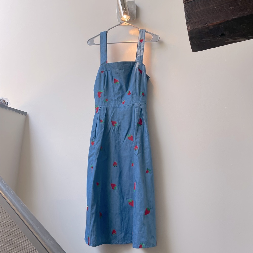 Denim strawberry embroidered midi dress